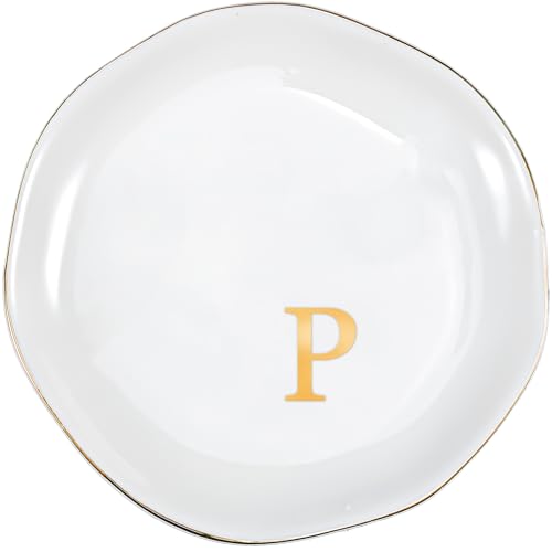 ProCase Ceramic Jewelry Tray, Initial Ring Dish Trinket Plate Engagement Gift, Small Personalized Monogram Ring Bowl for Wedding, White Decorative Jewelry Holder for Women Vanity -Letter P - style: P