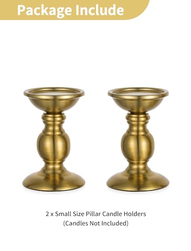 NUPTIO Gold Candle Holder for Table: Brass Pillar Candle Stand Decorative for Fireplace Decor - Metal Vintage Candleholder for Christmas New Year Party Centerpiece(2 x S) - color: Brass, size: S + S