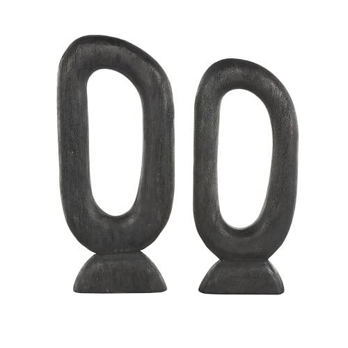 Deco 79 Mango Wood Abstract Decorative Sculpture Cutout Oval Home Decor Statues, Set of 2 Accent Figurines 20", 18"H, Black