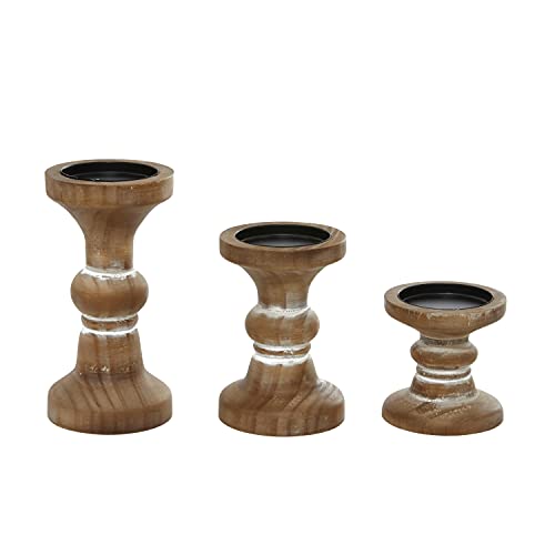 Deco 79 Wood Decorative Candle Holder Beaded Pillar Candle Stand, Set of 3 Candlestick Holder 4", 6", 8"H, Brown - color: Brown