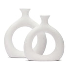 Ajuny Donut Vase Set of 2 – White Ceramic Modern Vases for Flowers, Pampas Grass, Centerpieces | Boho Table Decor for Living Room, Wedding, Kitchen, TV Stand, Office, Shelf, Mantle - style: Hollow-Circle-Vase