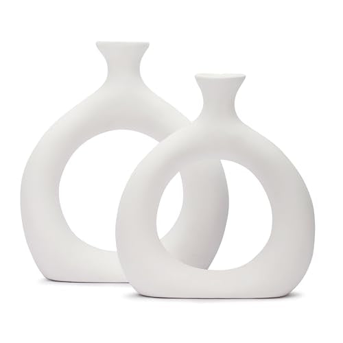 Ajuny Donut Vase Set of 2 – White Ceramic Modern Vases for Flowers, Pampas Grass, Centerpieces | Boho Table Decor for Living Room, Wedding, Kitchen, TV Stand, Office, Shelf, Mantle - style: Hollow-Circle-Vase