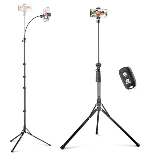 Sensyne 92" Cell Phone Tripod, Selfie Stick Tripod with 16.5" Flexible Gooseneck, Overhead Phone Stand for Video Recording, Photography, Compatible with Phone, Camera - color: Black, size: 92-inch