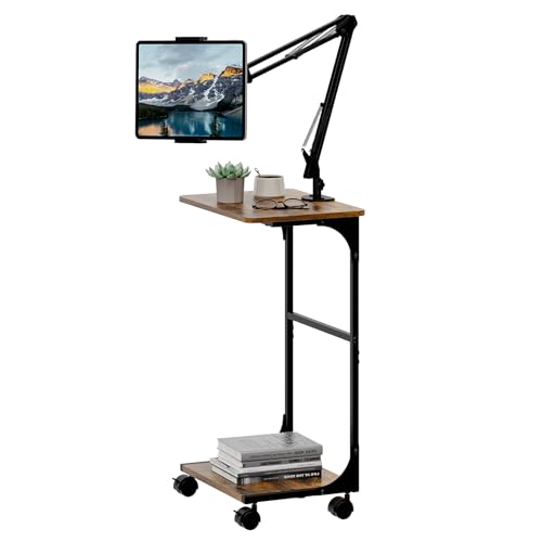Floor Kindle Tablet iPad Stand with 2-Tier Storage Shelves,Angle Height Adjustable iPad Tablet Kindle Holder for Bed with 360-Degree Rotating Wheels, Compatible with 4.7"-13" Kindle Cell Phone iPhone - size: 11.4"D x 15.4"W x 56.4"H