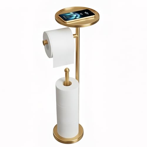 Gold Toilet Paper Holder with Shelf, Tissue Roll Holder Stand with Storage for Holding Extra 4 Toilet Paper Rolls, Stainless Steel Rustproof Freestanding (Brushed Gold) - color: Gold