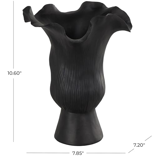Deco 79 Ceramic Abstract Floral Inspired Vase with Wavy Folded Rim and Linear Grooves, 8" x 7" x 11", Black - color: Black, size: 8" x 7" x 11"