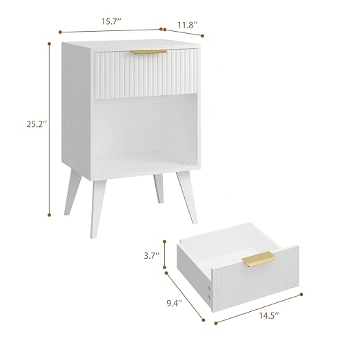 YAUKOMEL Fluted Night Stand with Opening Storage,Mid Century Bedside Table with Drawer,Modern Nightstand with Solid Wood Legs,End Table Side Table for Living Room,Bedroom,White CTG56W - color: White