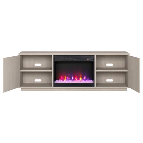 Henn&Hart Fluted TV Stand for TVs up to 75" with 26" Electric Crystal Rocks Fireplace and Ribbed Side Storage Cabinets for Living Room, Family Room, or Office, Beech White - color: Beech White, size: 70" TV Stand with Fireplace
