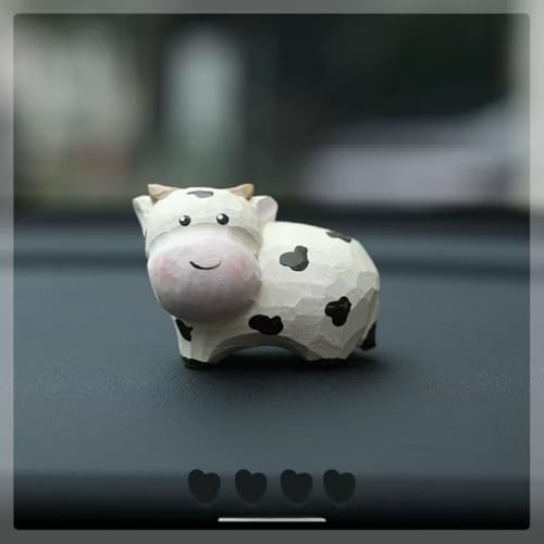 Small Wooden Milk Cow Figurines Craft, Hand-Carved Painted Milk Cow Figurine with Base, Cute Desktop Decor, Wooden Animal Statue Art Collectibles，Unique Gift for Animal Lovers - color: Milk Cow