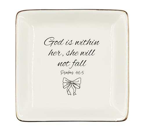 WODMIS Christian Preppy Bow Ceramic Jewelry Tray Dish, Coquette Bible Verse Jewelry Plate Ring Trinket Dish, Trendy Aesthetic Ribbon Gifts for Women Bestie Best Friends - color: Black