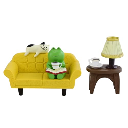 Mevodeata Cute Mini Frog Figurine with Small Sofa and Lamp Table Resin Frog Figure for Office Home Decor - Cute Frog Gift for Frog Lovers (Yellow Sofa) - color: Long Sofa-yellow