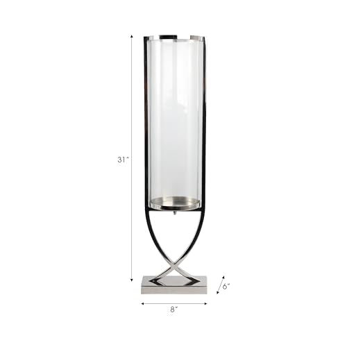 Contemporary Metal and Glass Hurricane Candle Holder - Decorative Pillar Candlestick Holder for Table Centerpiece - Elegant Home Decor Accents for Any Special Occasion Decoration - 31" Silver - color: Silver, size: 31"