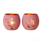 Religious Gifts for Women & Girls, Set of 2 Pink Butterfly Cross Tealight Candle Holders for Table Decor, Christian Baptism, Confirmation, Memorial, Easter Gift