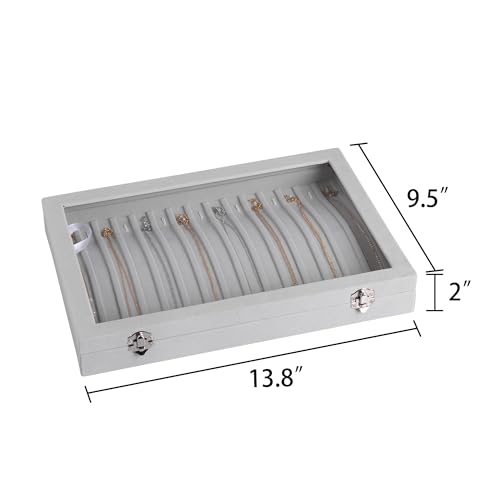 Frebeauty 15 Hooks Necklace Tray Velvet Neckalce Organizer with Clear Lid Lockable Necklace Holder Box Jewelry Organizer for Pendants Chains Necklace Jeweley Tray for Women Girls(Grey) - color: Grey