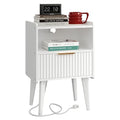 YAUKOMEL Fluted Nightstand with Charging Station, Modern Bedside Table with Drawer,White Nightstand with Solid Wood Legs, End Table,Side Table for Living Room,Bedroom White CTG57WE - color: White With Charging Station