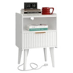 YAUKOMEL Fluted Nightstand with Charging Station, Modern Bedside Table with Drawer,White Nightstand with Solid Wood Legs, End Table,Side Table for Living Room,Bedroom White CTG57WE - color: White With Charging Station