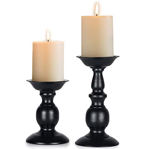 Nuptio Black Candle Holder for Pillar Candles - 2 Pcs Rustic Candle Holders Set Metal Candle Stand Tall Retro Fall Pillar Candleholder for Halloween Easter Farmhouse Fireplace Home Table Centerpiece - color: Black, size: S + L