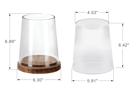 6" Wide Glass Hurricane Candle Holders with Handmade Sturdy Glass Sleeves and Vintage Natural Wood Base for Pillar Candle & Plants, Industrial, Farmhouse, Display Cloche Bell Jars, Table Centerpiece - color: Vintage Natural, size: 6"x7.5"