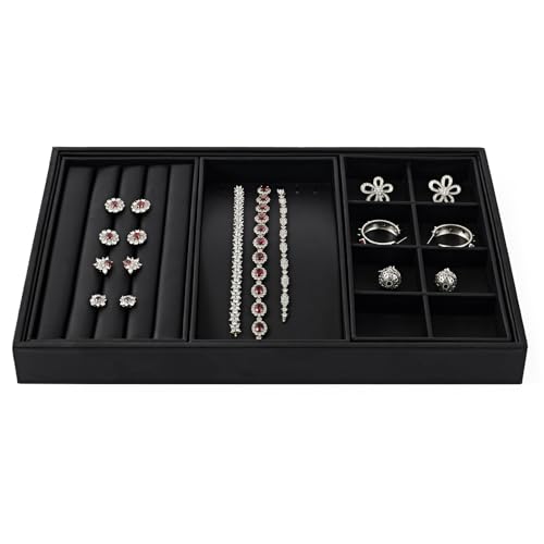 Oirlv 4 in 1 Black Premium Leather Multifunctional Jewelry Display Tray for Rings,Earrings and Bracelets Organizer and Storage - style: P01708
