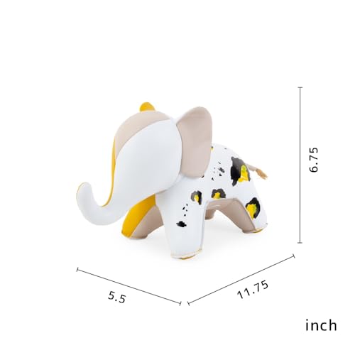 Bookend Elephant Abby Fresh Awaken, Leather Bookends for Shelves, Handmade Animal Home Decor, Zuny Series, White+Yellow Leopard+Ochre Yellow - color: Elephant Abby Yellow