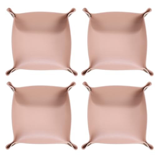 HARFINGTON 4pcs PU Leather Valet Tray Unisex Folding Small Catchall Tray Portable Entryway Table Tray Nightstand Bedside Desk Tray for Key Wallet Watch Coin Jewelry Dice, Pink - color: Pink