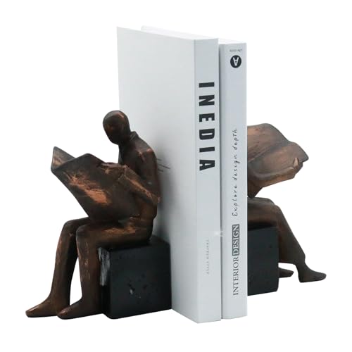 Lukitas Copper Newspaper Decorative Bookends, Heavy Duty Reader Book Ends Non-Slip, Vintage Home Décor Accessories for Study Office Deck Bookshelf, Resin, 1Pair/2Piece 8''