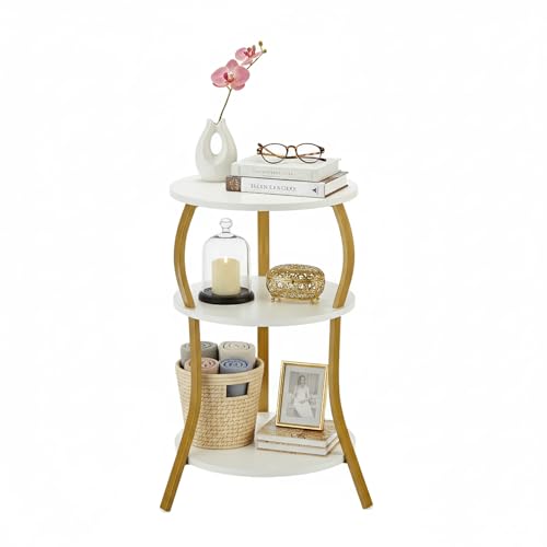 Vintage Small Round Side Table, 3-Tier Slim Waist Circular End Table with Storage Shelf, Compact Tea Sofa Table, Round Corner Coffee Table Nightstand for Living Room Bedroom Small Spaces,White+ Gold - color: White+gold, style: Classic