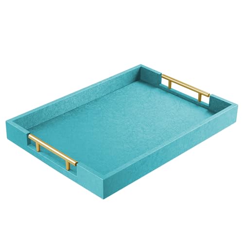 17" x 12" Wood Serving Tray with Gold Polished Metal Handles, Home Decorative Wooden Rectangle Ottoman Leather Decor Platter Bathroom Vanity Tray for All Occasions Blue - color: Blue