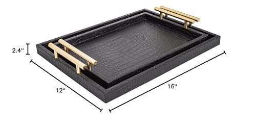 Set of 2 Modern Elegant Large Wood Serving Tray, Rectangle Decorative Tray Ottoman Tay Coffee Table Tray, Black Crocodile Leather with Gold Polished Metal Handles - style: Black Crocodile Tray
