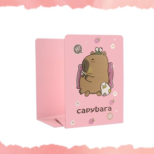Capybara Bookends Pink, L-Shaped Cute Animal Bookend Holder for Shelves, Kawaii Desk Decor for Kids Room, Girls Bedroom, Office and School Supplies (1 Pair)