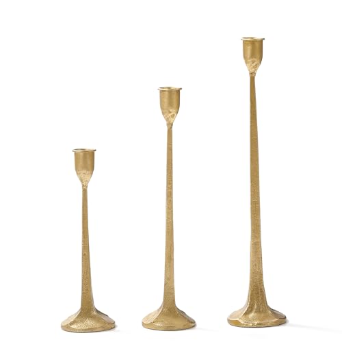 Gold Taper Candle Holders Set of 3, Heavy Candlestick Holders Decorative Candle Stand for Table Centerpiece, Cast Iron Candle Stick Holder Decor - color: Antiqued Gold 4
