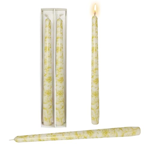 10 Inch Taper Candles Print Candle Sticks Handmade Set of 2 Smokeless Long Candle Unscented Tapered Candles for Wedding Easter Decoration(Chrysanthemum) - color: Gold Flower