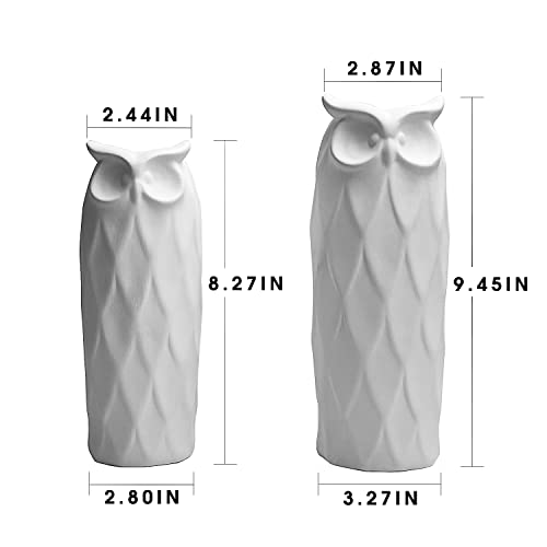 Owl Ceramic Vase Set of 2 for Living Room Bedroom 9.45'' and 8.27'' Modern White Fake Flower Plant Vases for Home Decor Office Table Shelf Fireplace Retro Rustic Farmhouse Vintage Classic Gift - color: White