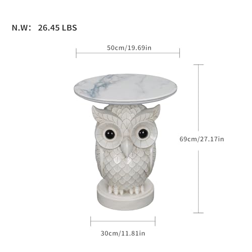 Luxurious Owl Side Table - 20" Premium Faux Marble Top Accent Table with Hand-Detailed Resin Owl Statue Base - High-End Round End Table for Study, Library, Nightstand - Tool-Free - color: White Owl