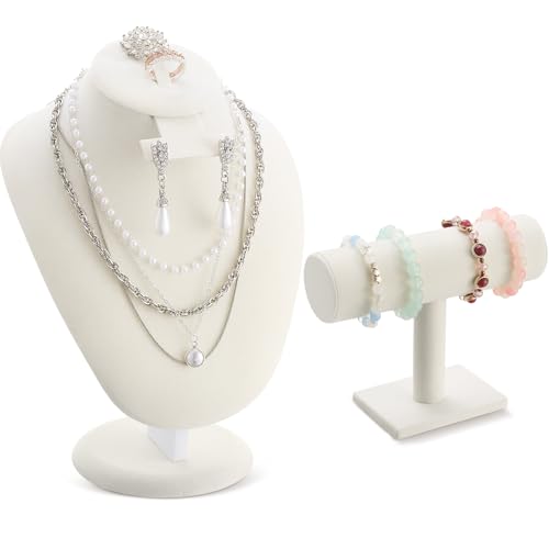 RattanView 2 Pcs Beige Velvet Jewelry Display Set Necklace Mannequin Bust Stand T Bar Bracelet Holder for Retail Home Decor - color: Beige