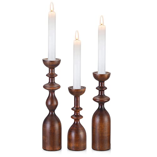 HOWSILAY Candle Holder Wood Candle Holders for Table Centerpiece Candlestick Holders Modern Farmhouse Decor Candlesticks fits 3/4" or 7/8" Taper Candle and Dia 1.5" Led Tea Lights or Pillar Candles - color: Brown