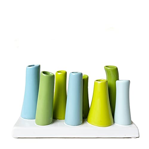 Chive - Pooley 2, Ceramic Flower Vase, 8-Tube Shape (Scout Blue with Blue and Green) - color: Scout Blue With Blue and Green