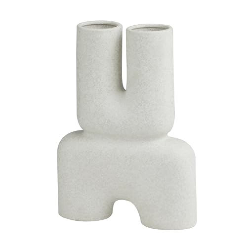 Deco 79 Ceramic Abstract Dual Opening U-Shaped Vase with Glossy Speckled Texture, 11" x 4" x 15", White - color: White