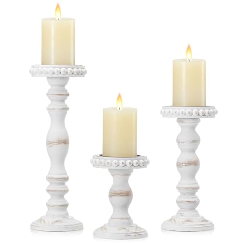 Mumufy 3 Pcs Candle Holders for Pillar Candles Rustic Farmhouse Home Decor Decorative Washed Beaded White Black Wood Candle Holder Country Style for Table Mantel Fireplace Wedding(White,Large) - color: White, size: Large