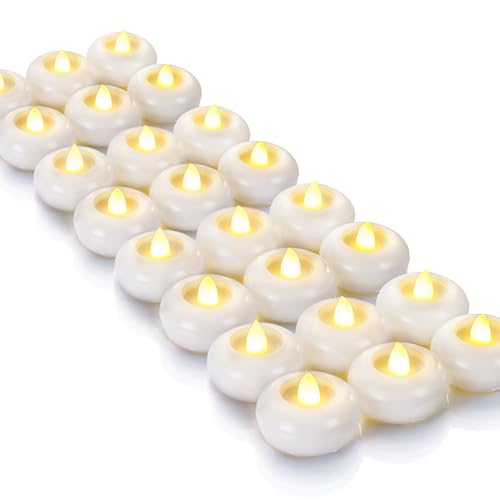 Homemory 24Pack 2” Flameless Led Floating Candles, 200 Hour Plastic Battery Operated Flickering Waterproof Tealights for Cylinder Vases, Centerpieces at Wedding, Party, Pool, Holiday (White Base) - color: White base (24 Pack)