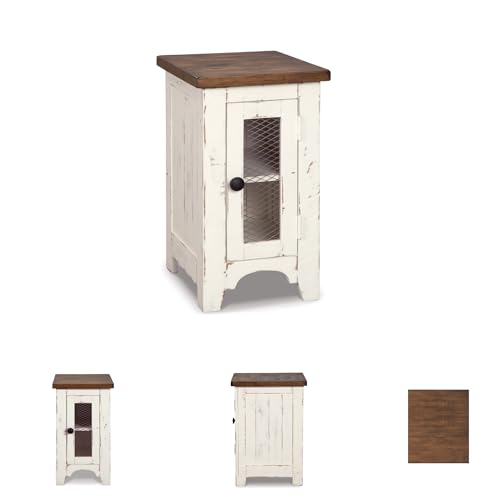 Signature Design by Ashley Wystfield Farmhouse Chair Side End Table with Cabinet Door for Storage, White & Brown with Distressed Finish - color: Dark Brown & White