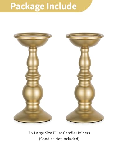 Set of 2 Gold Candlestick Metal Pillar Candle Holders, Flameless Candlestick Holders Stand Centerpieces Decoration Ideal for Weddings, Special Events, Parties - size: 2 x L