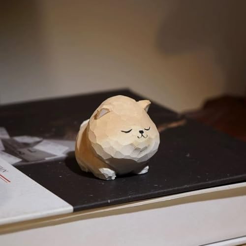 Hand Carved Red Shiba Inu Figurine with Round Wood Base – Cute Chubby Shiba Wooden Dog Statue, Handmade Desk Decor, Adorable Collectible Sculpture, Unique Gift for Dog Lovers & Pet Owners - color: Yellow Shiba Inu