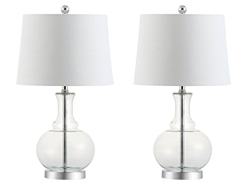 JONATHAN Y 25" Clear/Chrome and Brass Gold Glass Table Lamp Set of 2 for Bedroom, Modern Bedside Lamp for Living Room Nightstand, White Linen Drum Shade, LED Bulb Included (JYL1068B-SET2) - color: Clear