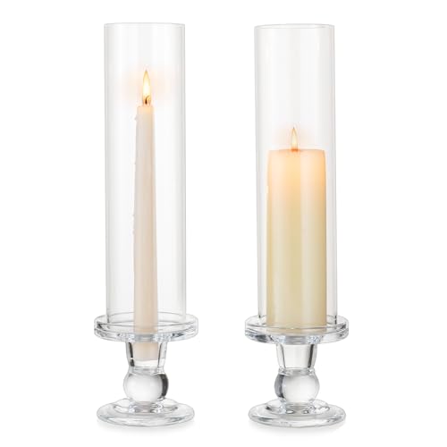 Hurricane Glass Taper Candle Holder: 2Pcs Tall Hurricane Candle Holder for Home Clear Tapered Candlestick Holders with Open Ended Glass Sleeve Candle Stick Holder for Table Centerpieces - size: S - 2 Pcs