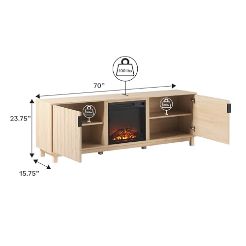 Walker Edison Arundo Reeded TV Stand with Fireplace & Storage, 70" Fireplace, Coastal Oak - color: Coastal Oak, size: 70" x 15.75" 23.75"