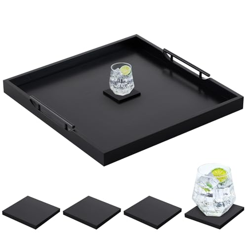Remagr 24'' Square Extra Large Ottoman Tray, Wood Serving Tray with 4 Coasters and Metal Handles Decorative Coffee Table Platter for Living Room Sofa Food Tea Server Housewarming Home Gift(Black)