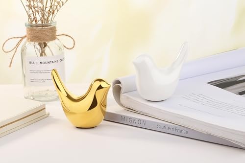 Small Birds Figurine Gold and White Home Decor Bird Animal Statues Modern Style Decorative Ornaments for Office Desktop, Cabinets, Living Room, Bedroom, Bookshelf(Gold White Birds 2Pcs) - color: Gold and White