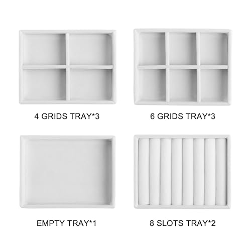 Frebeauty Small Jewelry Tray Set,Stackable Velvet Jewelry Organizer Tray,Mini Jewelry Drawer Organizer,Drawer Inserts,4.92 x 3.74 x 0.9 Inches,Earring Organizer for Women(Set 4,White) - color: White, size: Set 4
