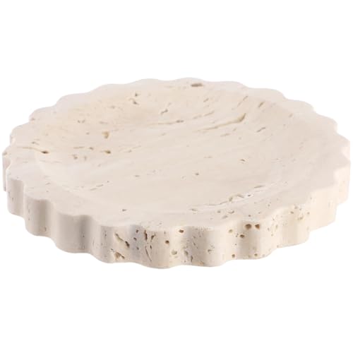 Travertine Jewelry Dish, 5.9 in Small Scallop Edge Stone Tray, Beige Round Marble Pattern Perfume Tray for Women, Decorative Storage Plate for Bathroom, Kitchen, Dresser